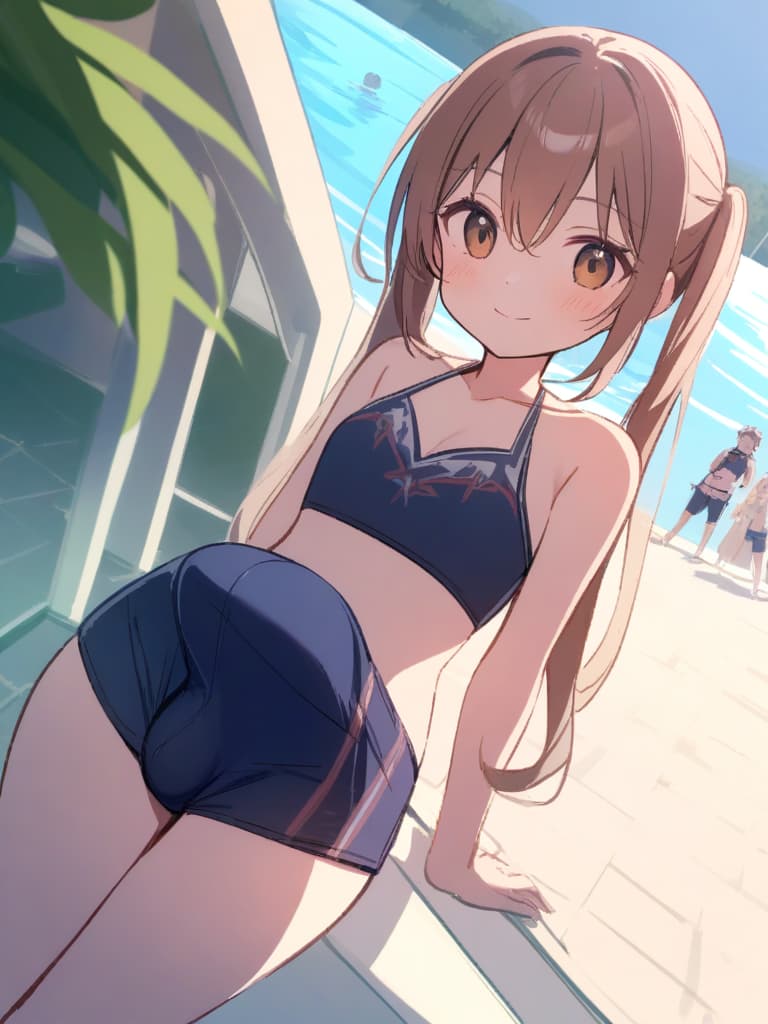  women's elementary students (male), twin tails, cute smiles, (rich s), low stature, dark blue swimwear, old swimwear, , simple, (upward), upward, (bulge), front, whole body, pool side ,,,