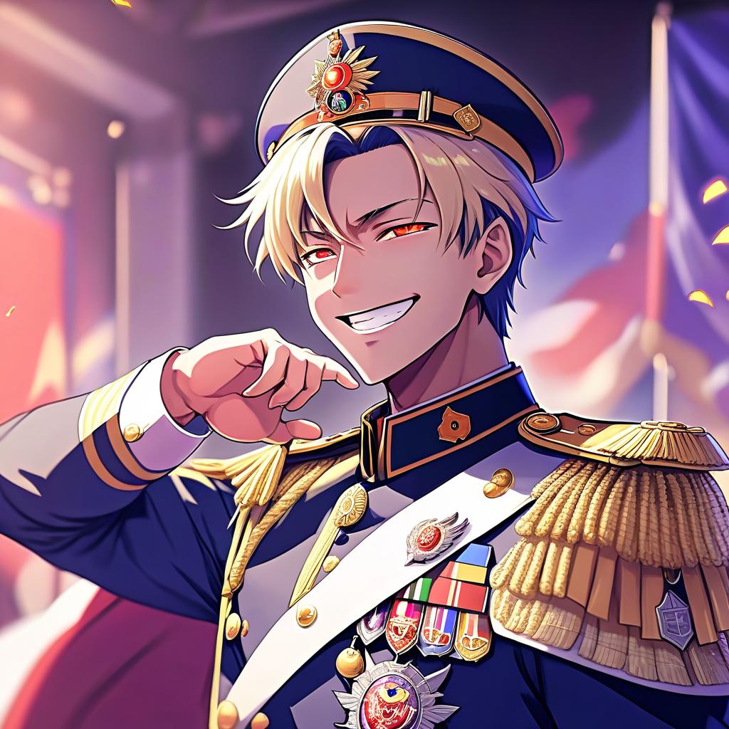  anime artwork smiling emperor in uniform . anime style, key visual, vibrant, studio anime, highly detailed