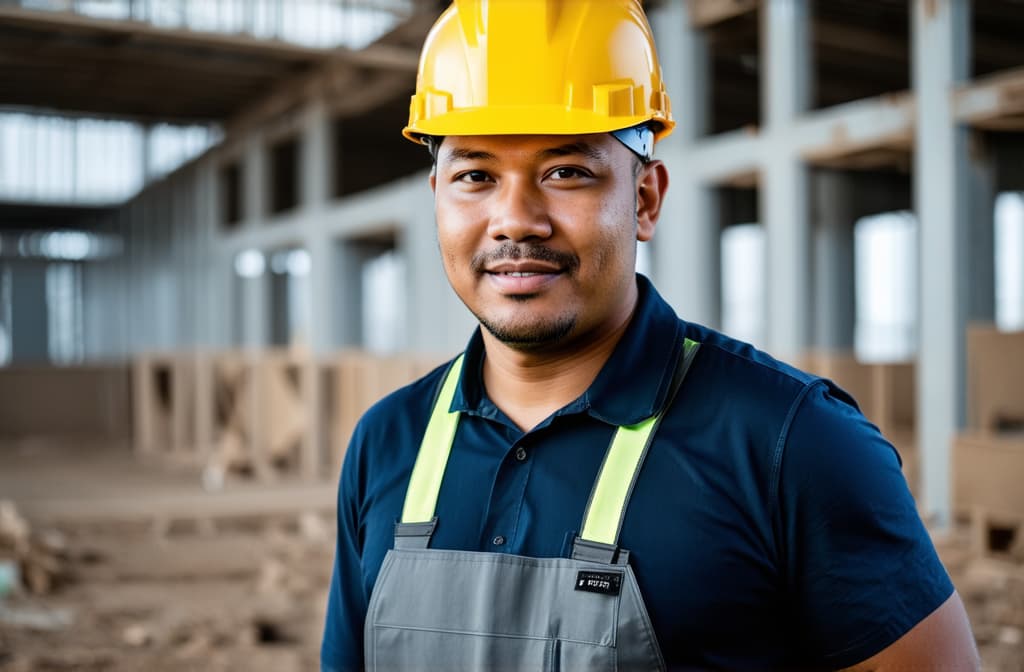  professional detailed photography, builder asian men working in building construction, looking at camera, blurred background ar 3:2, (muted colors, dim colors, soothing tones), (vsco:0.3)