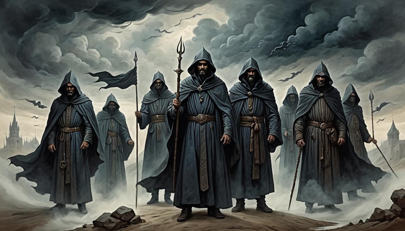  on parchment, surrealism+++, a scene with dark clouds swirling in a threatening sky, a group of robed figures standing strong together, eyes focused forward, dark energy, determination, urgency(mysterious, provocative, symbolic,muted color)+++