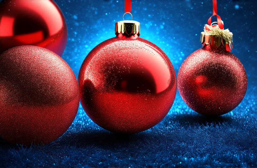  epic realistic, hyperdetailed, (cycles render:1.3), caustics, (glossy:0.58), (artstation:0.82),red christmas balls with glitter on blue background on the left, top view ar 3:2