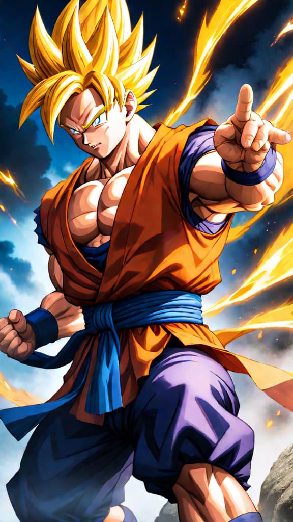  anime art: goku mastering kamehameha under master roshi's guidance, evolving through kaioken, super saiyan, and ultra instinct training. hyperrealistic, full body, detailed clothing, highly detailed, cinematic lighting, stunningly beautiful, intricate, sharp focus, f/1. 8, 85mm, (centered image composition), (professionally color graded), ((bright soft diffused light)), volumetric fog, trending on instagram, trending on tumblr, HDR 4K, 8K