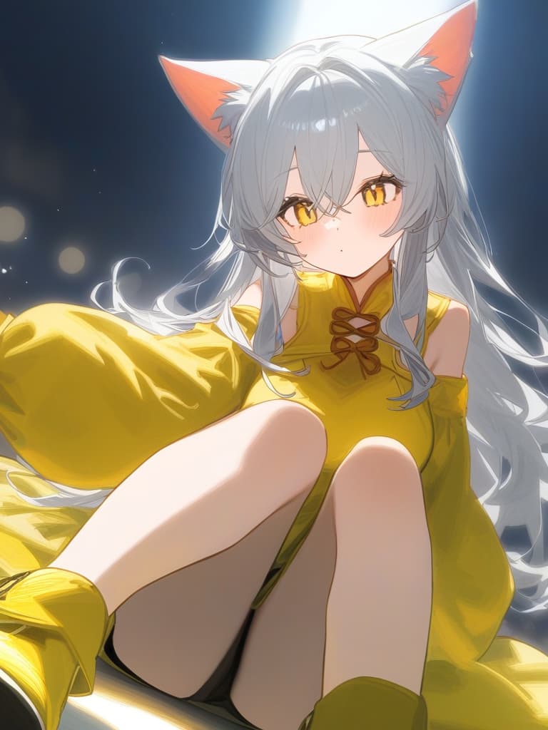  cat ears girl,long silver hair,black bubble clothes,yellow shoes,