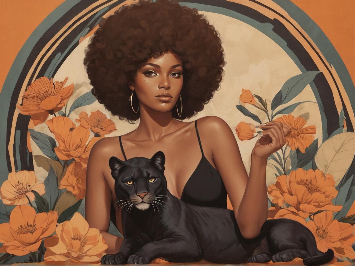  minimalism, a beautiful african woman with brown skin. with an afro. she wears a flowy black outfit. she is resting with a panther. a retro brown 70s flower design is in the background, abstract, simple geometic shapes, hard edges, sleek contours, minimalism