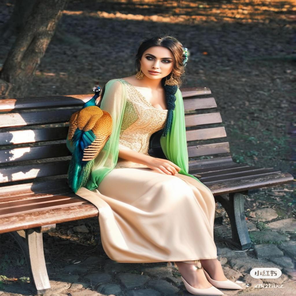  a peacock is sitting on a bench hyperrealistic, full body, detailed clothing, highly detailed, cinematic lighting, stunningly beautiful, intricate, sharp focus, f/1. 8, 85mm, (centered image composition), (professionally color graded), ((bright soft diffused light)), volumetric fog, trending on instagram, trending on tumblr, HDR 4K, 8K