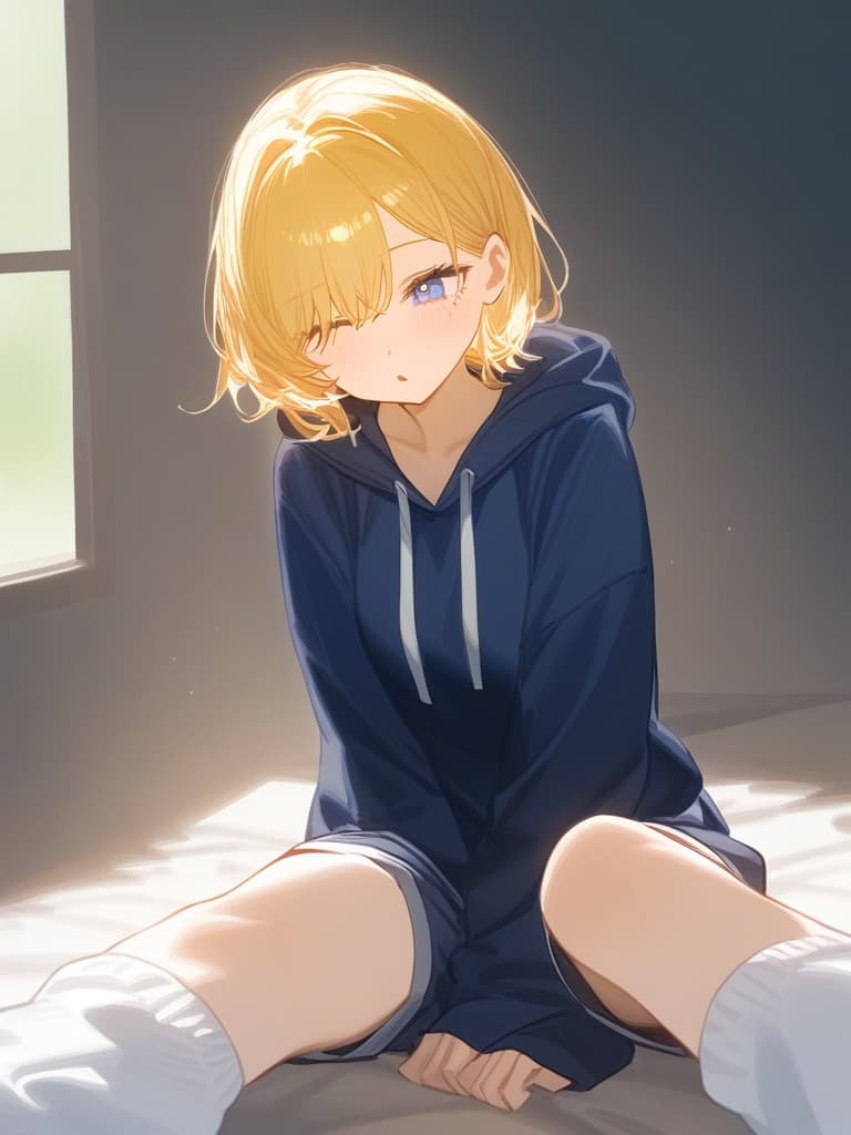  one girl, blond blue eyes, short hair, loose socks, shorts, hooded hoodies, one eye hidden with bangs, drooping, lazy expression, calm girl, weak, inside