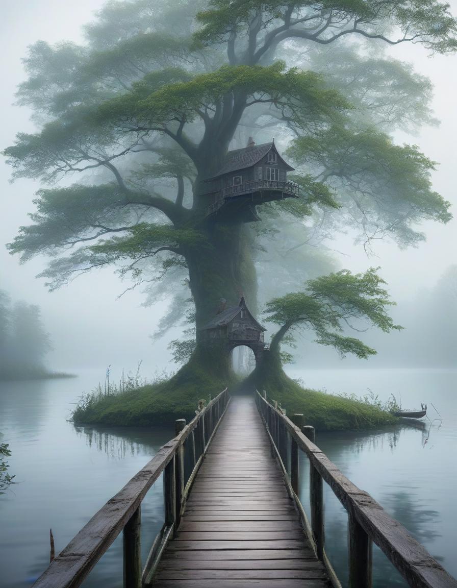  nautical themed a wooden bridge that leads to a small island in the river. on the island stands a old house in slavic style, a couple of trees next to it, a half submerged boat near the bridge. fog rises around, a white haze around, like a veil separating from another world, style by lovecraft, meticulous, intricate, entangled, intricately detailed . sea, ocean, ships, maritime, beach, marine life, highly detailed