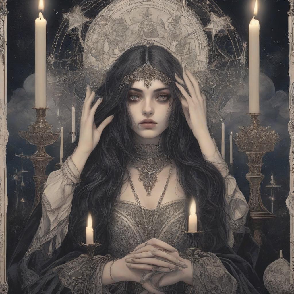  gothic style girl guesses on tarot face, stars, candles, sexuality . dark, mysterious, haunting, dramatic, ornate, detailed