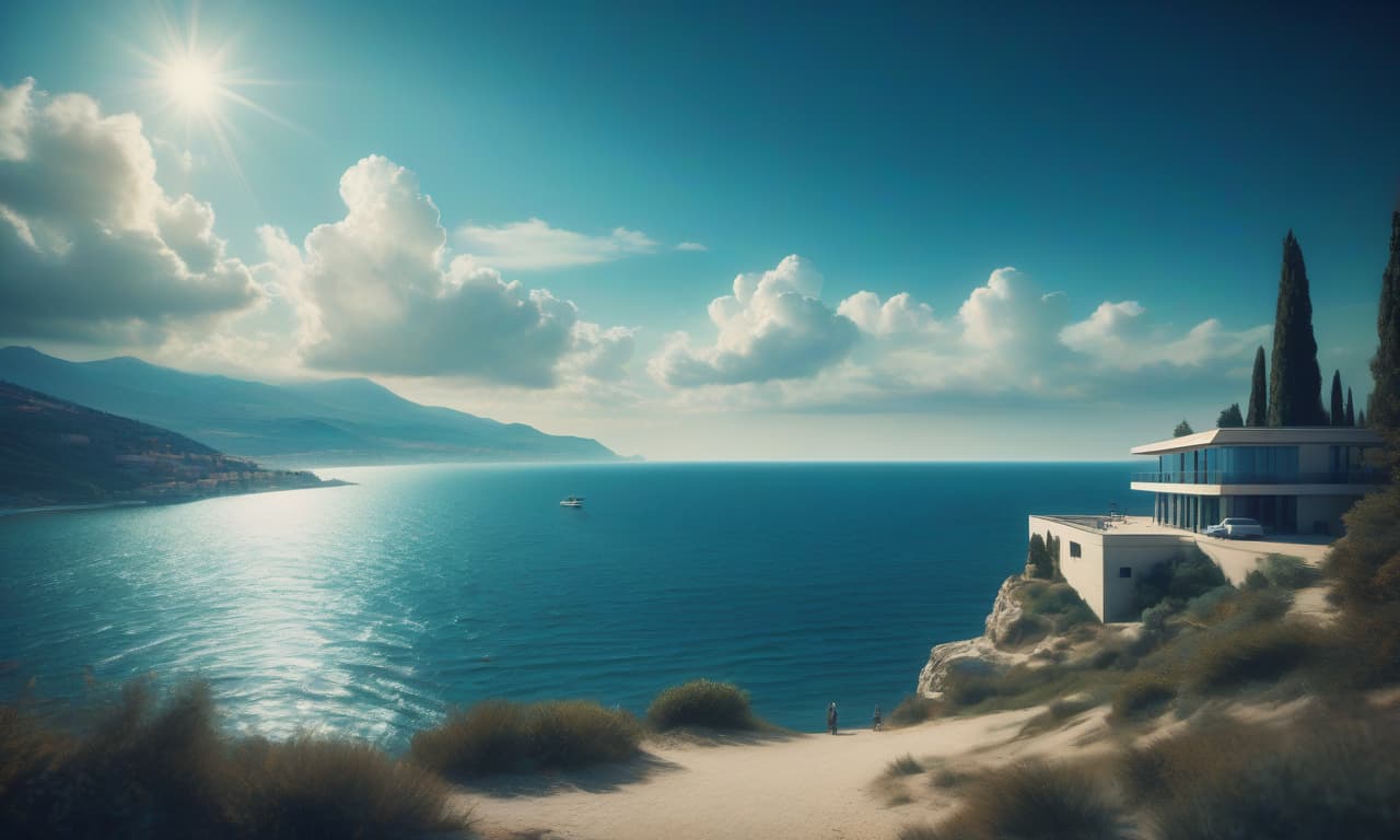  cinematic film still masterpiece of painting, oil painting, fine brush, view from a high hill onto a wide sea bay. in the foreground a beautiful modern villa in a futuristic style with large floor to ceiling windows with a high gable tiled roof on the seashore, a small beach, a boat near a small pier, many big trees, in the background are a rocky mountainous mediterranean shore of the sea, blue sky, heap clouds above the sea, sunny day. scene in dynamics. high details, high quality image, color illustration style. . shallow depth of field, vignette, highly detailed, high budget, bokeh, cinemascope, moody, epic, gorgeous, film grain, grainy