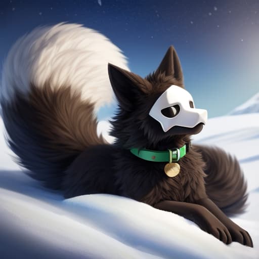  Puro, Brown Fur, Clossed eyes, Fluffy body, big tail, fluffy tail, Snow evyroment, fluffy ears, Green Collar, open eyes, digital art, masterpiece, 4k, fine details,