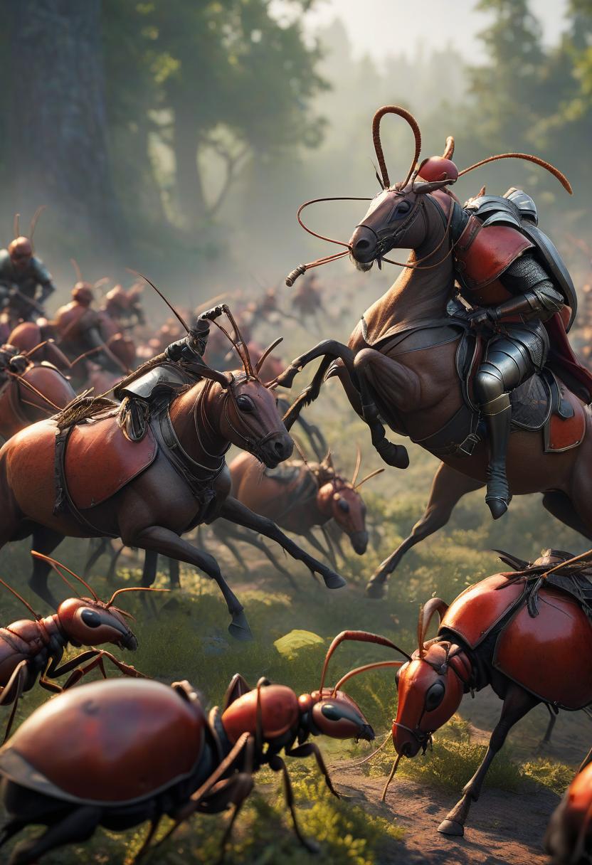  fighting game style wild people ants fight against knights on horses . dynamic, vibrant, action packed, detailed character design, reminiscent of fighting video games hyperrealistic, full body, detailed clothing, highly detailed, cinematic lighting, stunningly beautiful, intricate, sharp focus, f/1. 8, 85mm, (centered image composition), (professionally color graded), ((bright soft diffused light)), volumetric fog, trending on instagram, trending on tumblr, HDR 4K, 8K