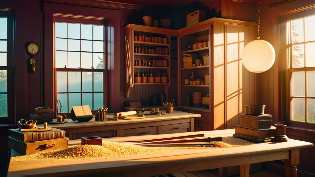  a serene woodworking shop, showcasing intricate wooden pieces, a golden ratio caliper, and beautifully arranged wood shavings, with warm sunlight filtering through a window, highlighting the craftsmanship and harmony in traditional woodworking. hyperrealistic, full body, detailed clothing, highly detailed, cinematic lighting, stunningly beautiful, intricate, sharp focus, f/1. 8, 85mm, (centered image composition), (professionally color graded), ((bright soft diffused light)), volumetric fog, trending on instagram, trending on tumblr, HDR 4K, 8K