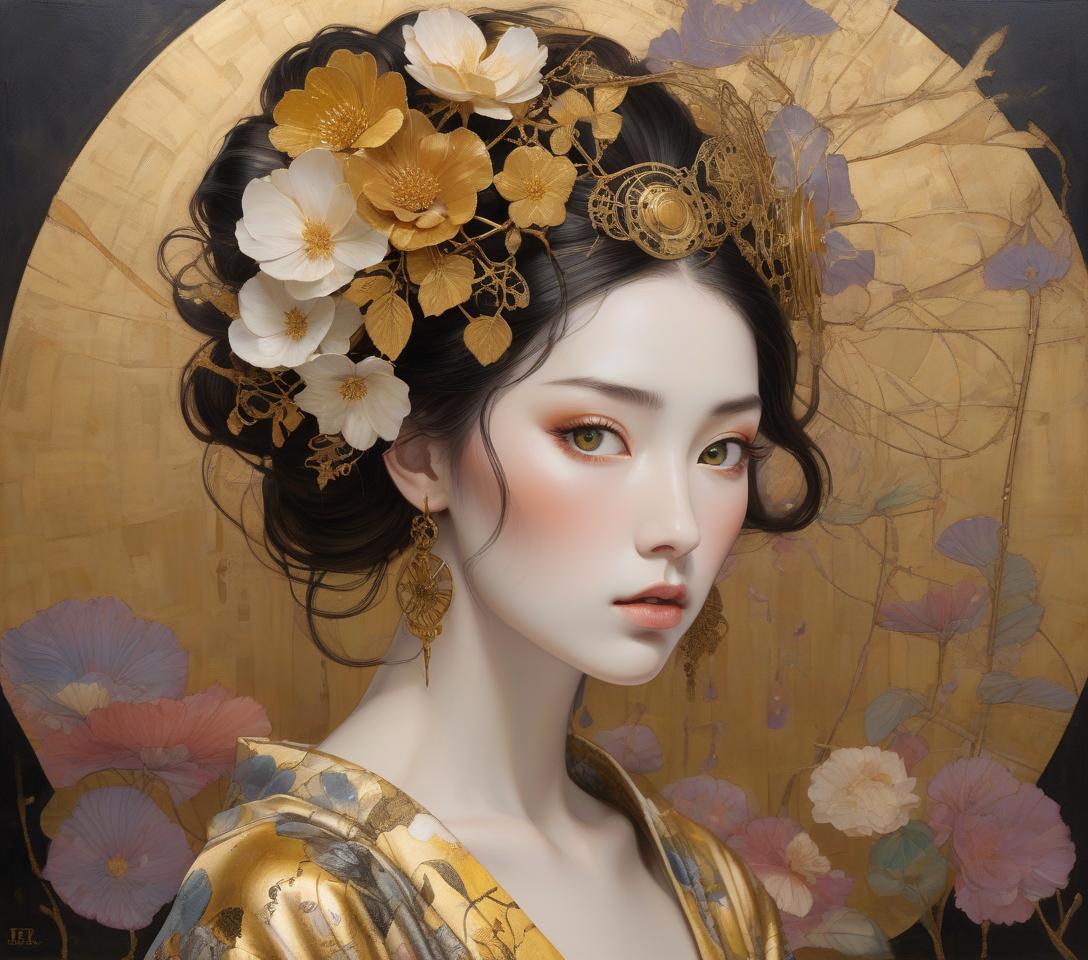  a mystical artwork with a female figure adorned with floral headpiece and golden attire, exuding an ethereal, otherworldly charm. imagine an intricately detailed image of a steampunk geisha, her vivid eyes with a dreaming look sparkle beneath long lashes. she is dressed in a gossamer silk kimono, embodying high contrast and decorative designs reminiscent of the art deco era. the portrait seamlessly integrates a mixed media collage approach for added dimension and texture. it pays homage to the flat, decorative patterns and vivid, unnatural colors championed by the symbolist movement (gustav klimt) and pre raphaelite (botticelli) artists, rendered with the depth and richness of oil painting. elements of kintsugi, using gold and oxidized cop