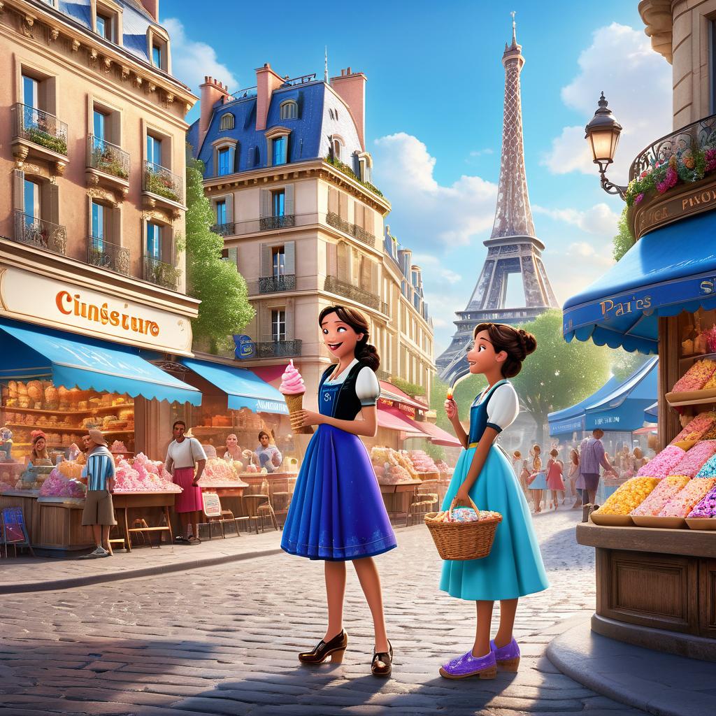  in 3d animated movie style. disney pixar style. in high resolution, pixar 3d animated film style. paris, a old in colorful dresses and sparkly shoes, expressing curiosity, kindness, and adventurous spirit. ice cream wizard in flowing, crystalline robes exudes mystery and wisdom. bustling town square with family and friends watching paris create an ultimate ice cream masterpiece. colorful stalls selling sweets add to the festive atmosphere. bright, soft lights enhance the vint colors and shimmering crystals. low angle captures paris's pride presenting her creation, ice cream wizard adding magical touch.