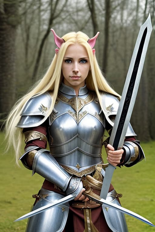  Beautiful Female High elf knight with blond hair, wearing heavy armour and wielding two long swords