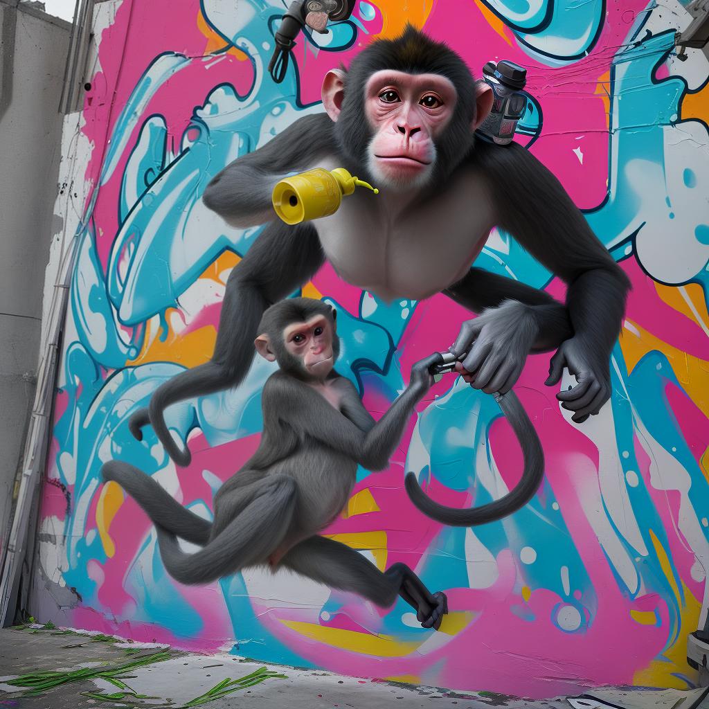  an artistic monkey spray painting a mural in an artistic neighborhood colorful hyper detailed