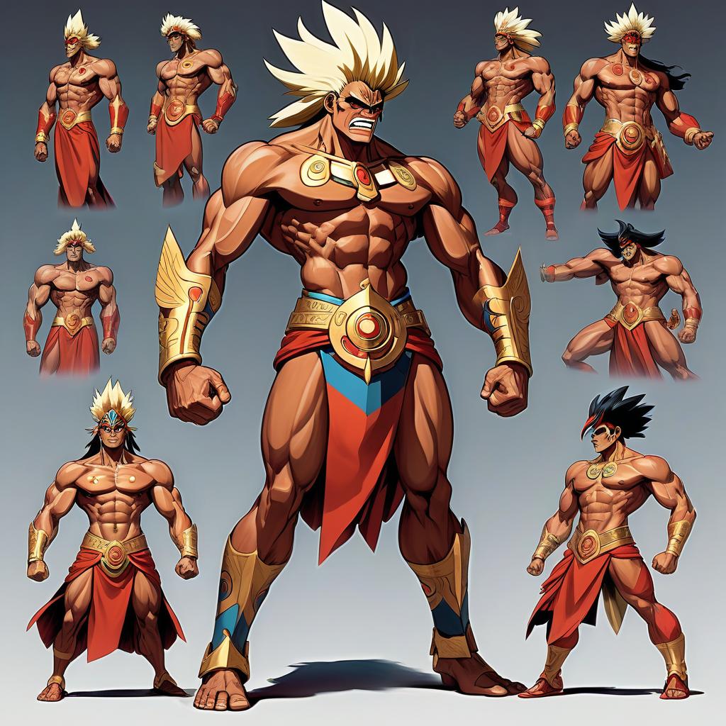  visualization of power as a person, full height, characteristic power posture, characteristic power physique, characteristic power facial expression, characteristic power hairstyle, characteristic power dress, male character, aztec style, mature age, similar to lorgenom of gurren laggan