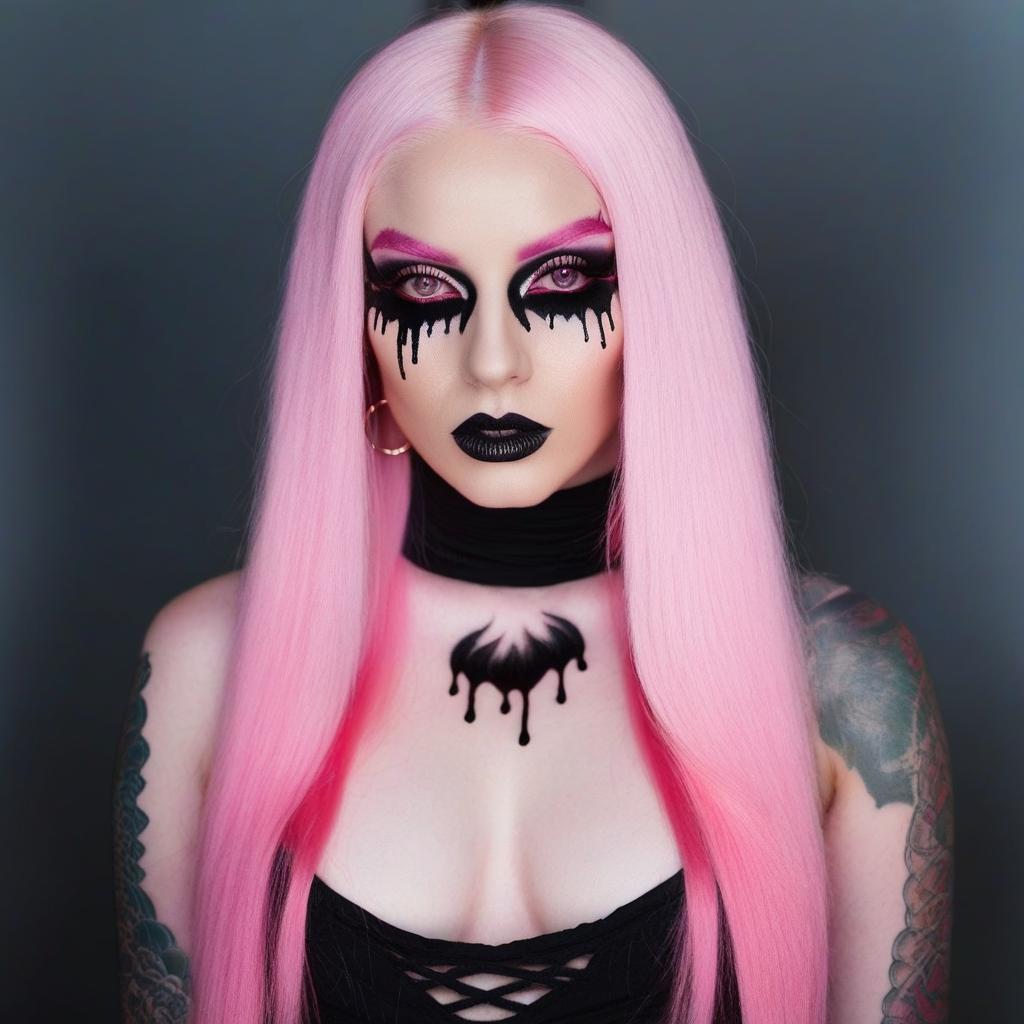  4 age women,full body shot portrait horrifying scary pale long pink hair ,full white eyes, black lips, black dripping eyeshadow tattoos,in pink cotton with pink trim