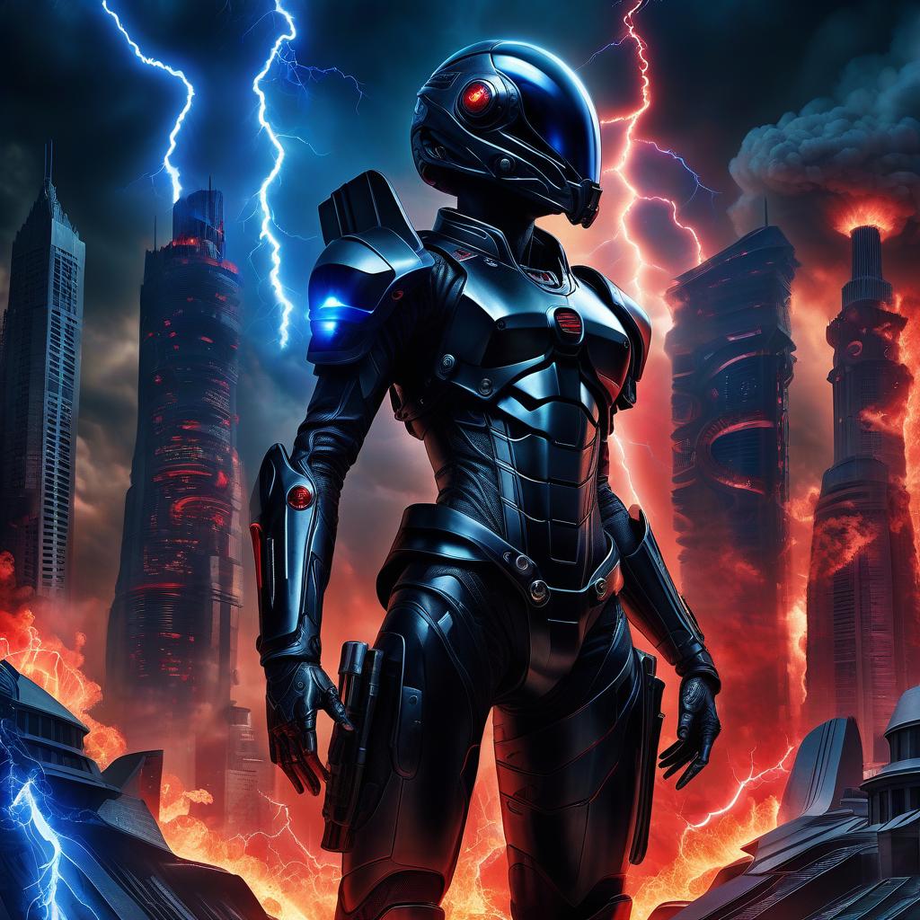  book cover: a beauty girls in a black exoskeleton wearing a helmet, standing with his arms crossed over his chest. very detailed and detailed model. the confrontation of red fire and blue lightning. background, an alien city