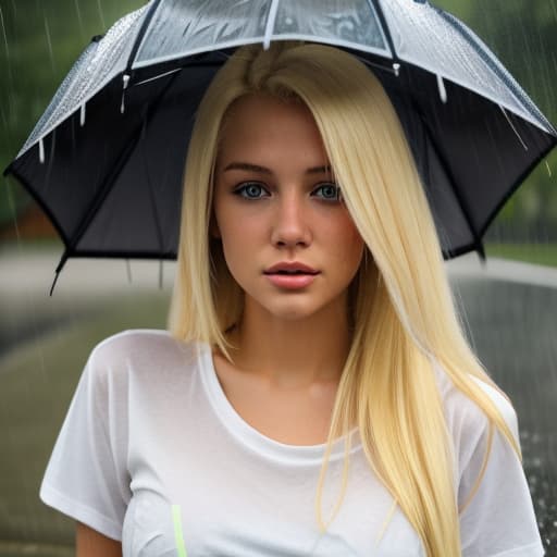  Blonde woman in the rain with a t shirt