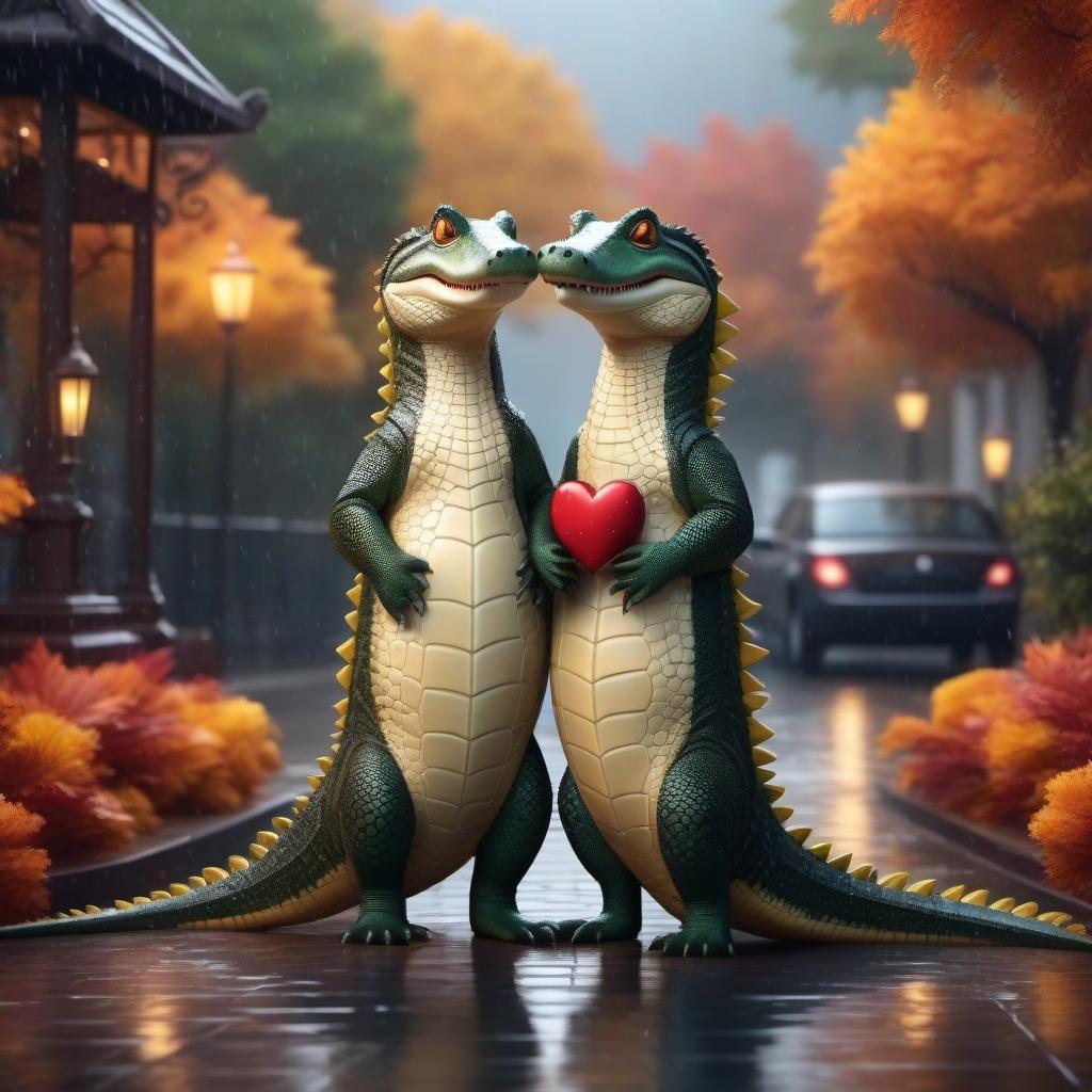  A cute cartoon pair of crocodiles in a wedding outfit are standing inside a big heart against the background of a dark autumn street in the rain, a bright dynamic picture in the style of a kortoon, fantasy, digital animation, realistic, drawing details