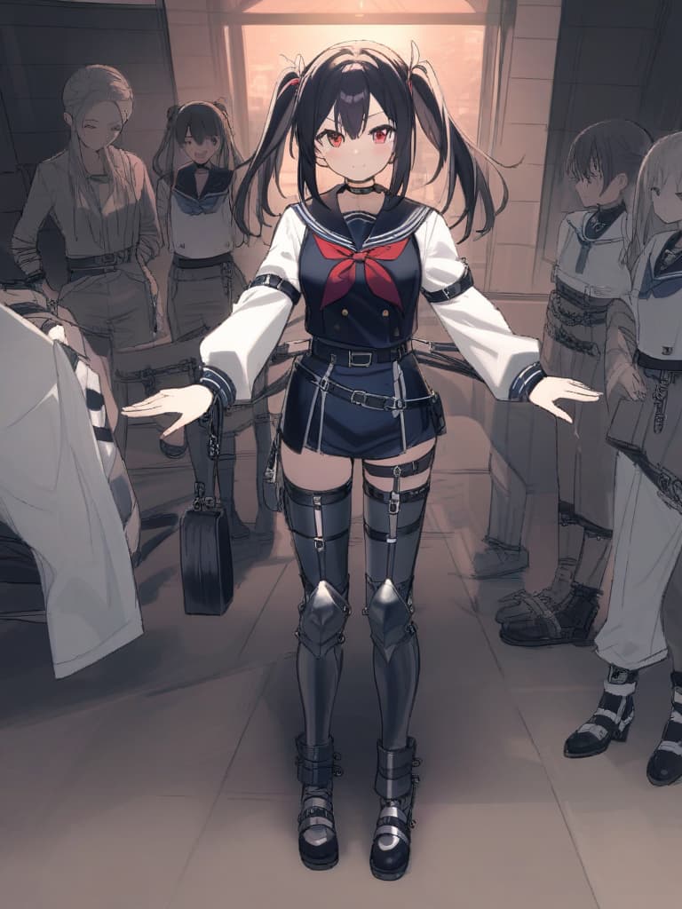  junior high students, sailor uniforms, twin tails, cute smiles, metal chasy bands (t type, iron pants type), chasy tools, chasy band with key, female restraint, under the are chasy belt, whole body, clroom,