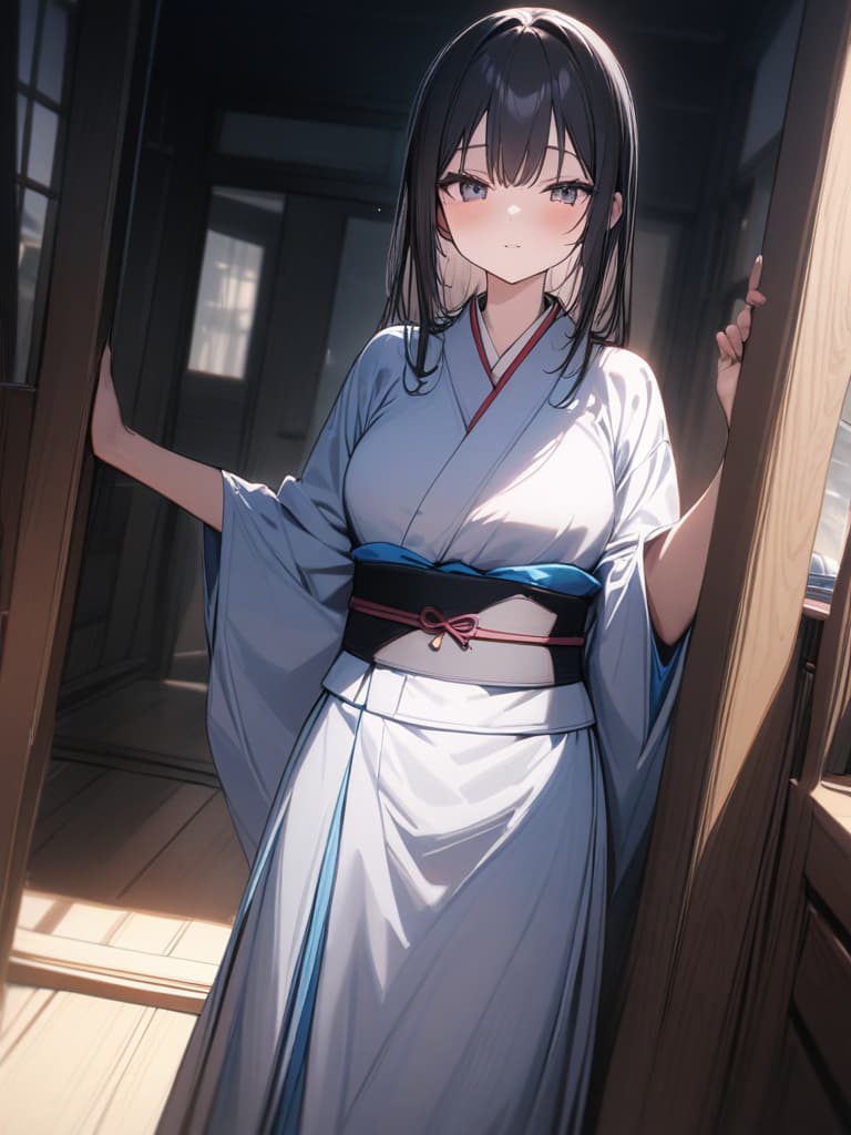  a young japanese woman with a big that seems to be pretty, cute, cute, and a kimono, a young japanese woman, black hair, greatly excited abdomen, masterpiece, best quality,8k,ultra detailed,high resolution,an extremely delicate and beautiful,hyper detail