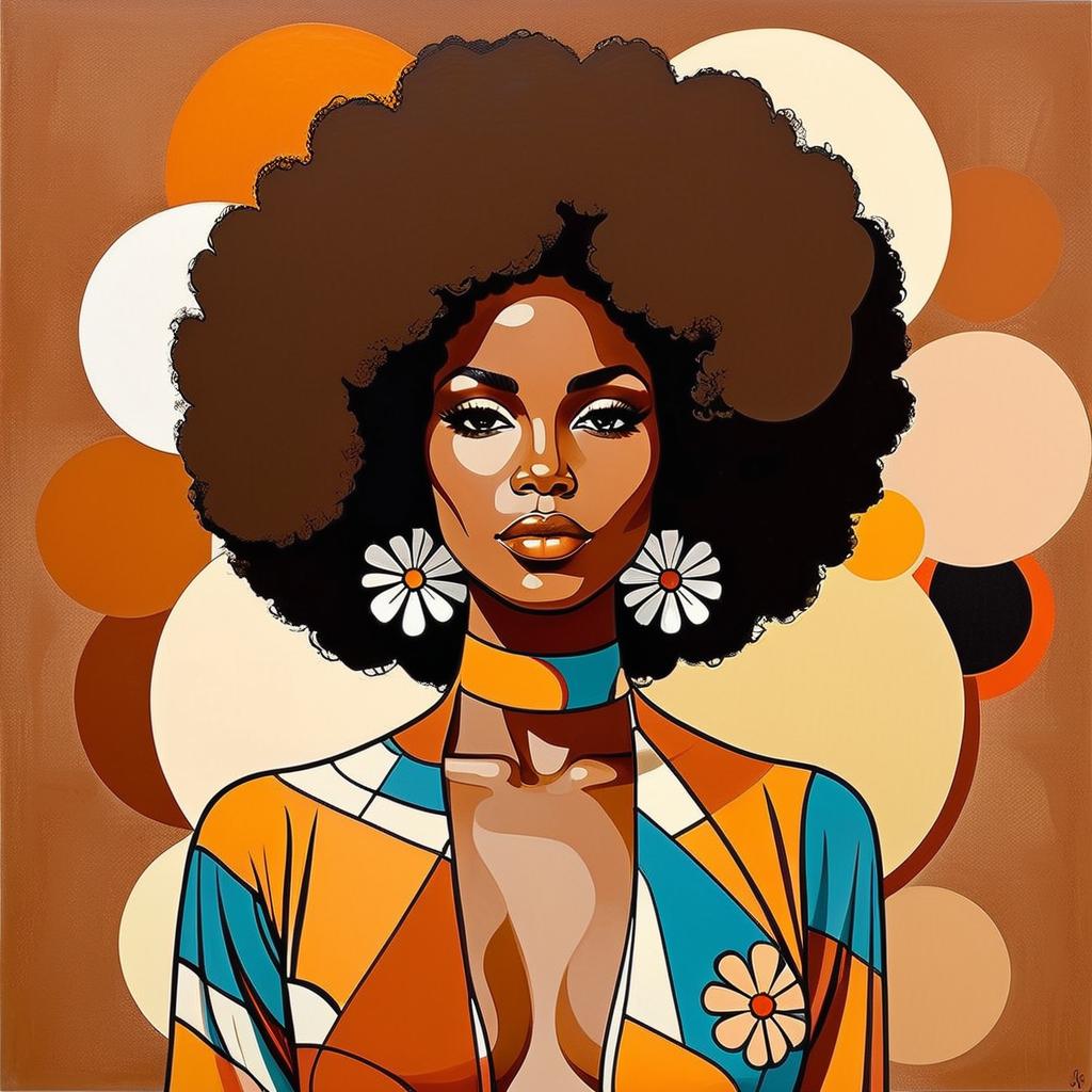  minimalism, a beautiful african woman with brown skin. with an afro. she wears a flowy 70s outfit. a retro brown 70s flower design is in the background. a minimalist painting, abstract, simple geometic shapes, hard edges, sleek contours, minimalism