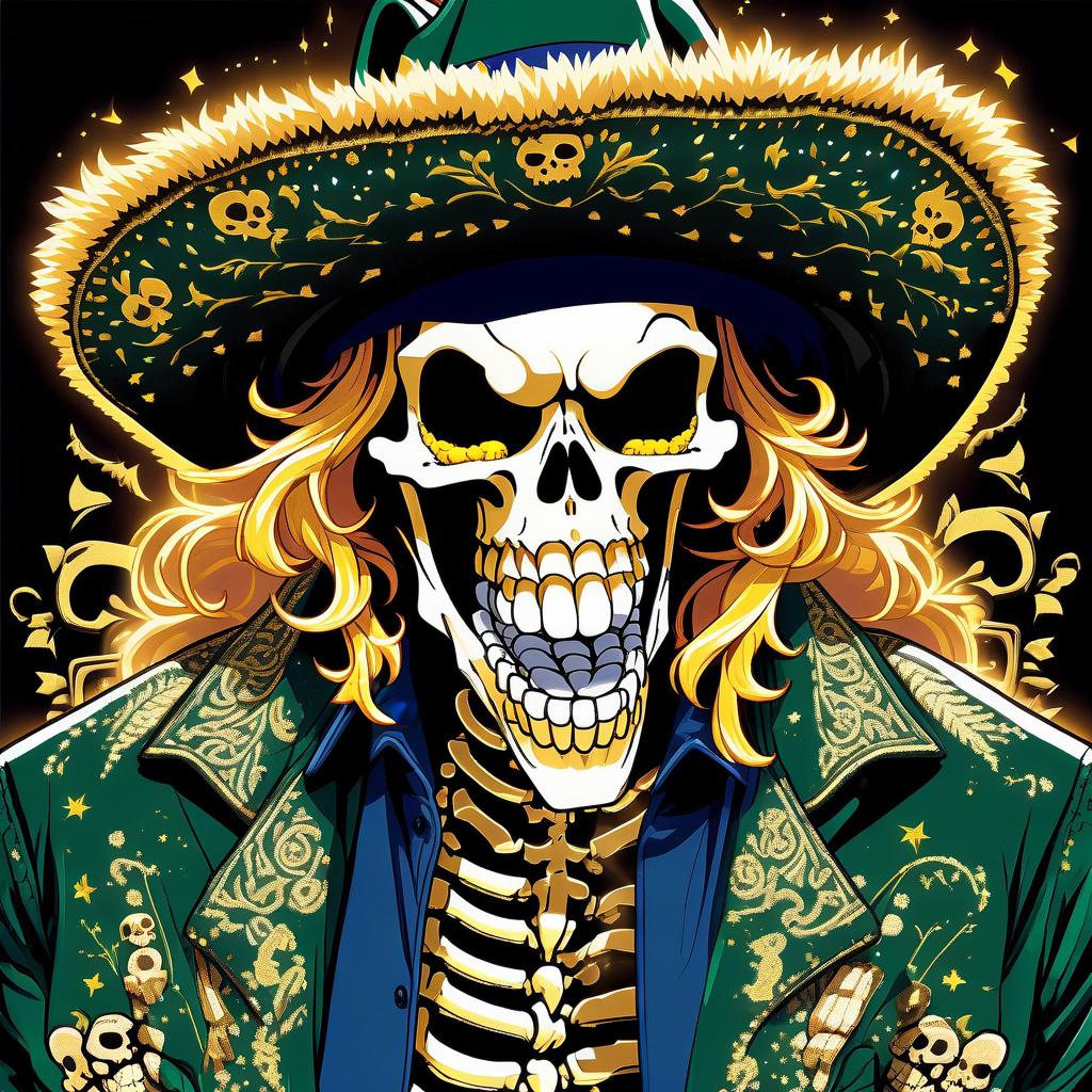  manga style a smiling skeleton without a lower jaw, the upper front fangs are highlighted, he has a mischievous squint, a dark blue flame burns in his eye sockets, replacing his eyes, on his head he wears a sambrero with ornaments in the form of skulls that hang on beads in a circle, one in a spacious dark green shirt with embroidered sleeves. over the shirt, he wears a snakeskin jacket embroidered with gold and silver, the embroidery is made in the form of grinning skulls, the jacket also has a fur collar and bottom, stylized slits, . vibrant, high energy, detailed, iconic, japanese comic style