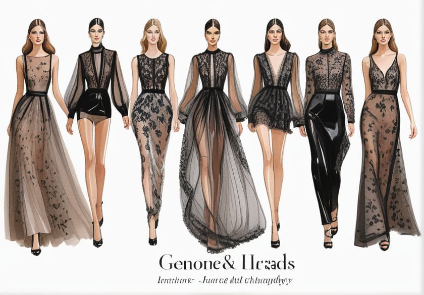  fashion illustration, models wearing evening dresses, black leather, transparencies, lace and satin