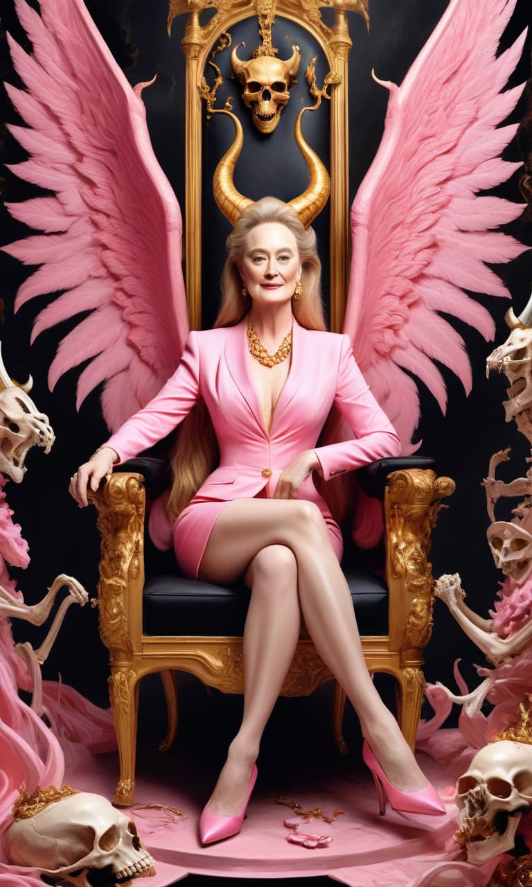  concept art pink, gold, black, white hell, near skeletons and demons meryl streep with demon horns on satan's throne chic prada shoes hell, near skeletons and demons . digital artwork, illustrative, painterly, matte painting, highly detailed, perfect hands