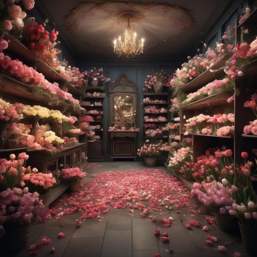  fairy tale flower shop fantastic. night. blossoms with flowers on shelves and on the floor. roses and tulips swirl in dance. fairy tale, magic, fantasy, fantasy, fantasy. isabelle menin style . magical, fantastical, enchanting, storybook style, highly detailed