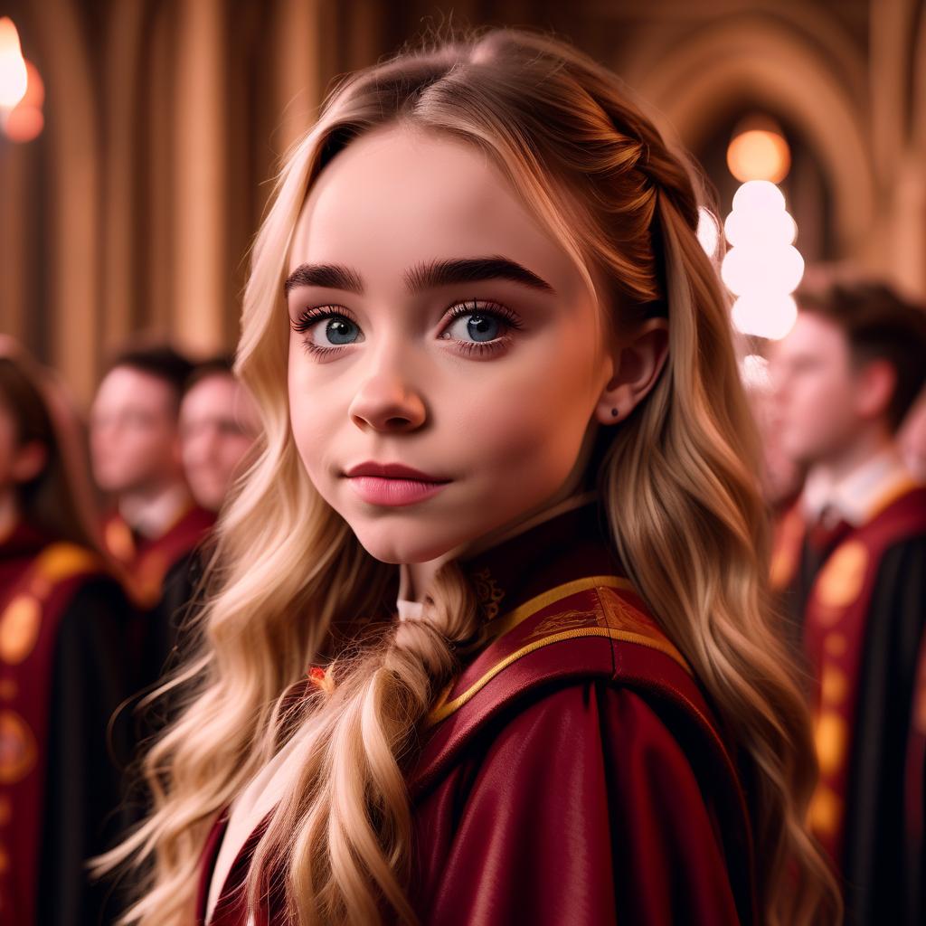  cinematic photo sabrina carpenter at the gryffindor faculty . 35mm photograph, film, bokeh, professional, 4k, highly detailed