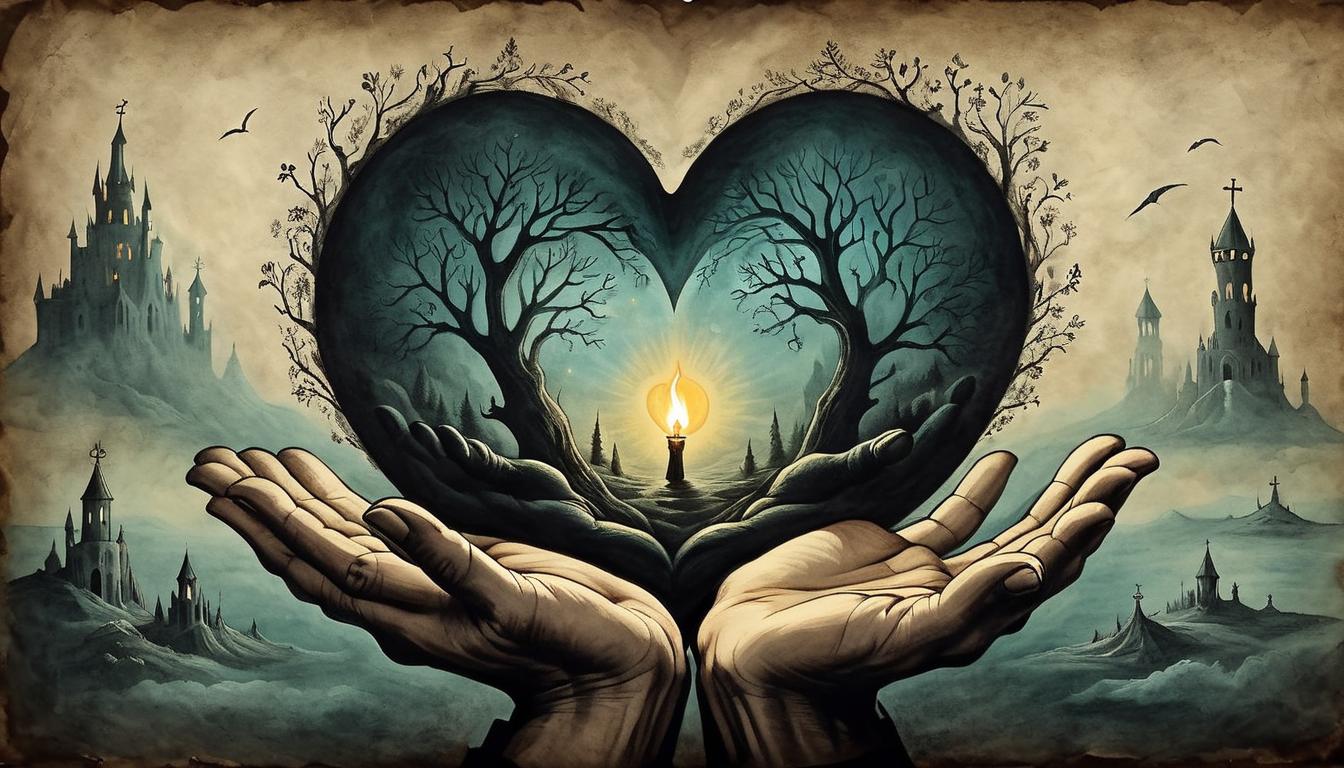  on parchment, surrealism+++, a glowing heart held in cupped hands, surrounded by darkness, light emanating outward, inner strength, self knowing, clarity(mysterious, provocative, symbolic,muted color)+++