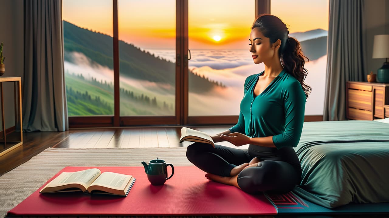  a serene sunrise illuminating a peaceful bedroom, featuring an open window with curtains gently swaying, a cozy yoga mat, a journal and pen, and a steaming cup of tea on a bedside table. hyperrealistic, full body, detailed clothing, highly detailed, cinematic lighting, stunningly beautiful, intricate, sharp focus, f/1. 8, 85mm, (centered image composition), (professionally color graded), ((bright soft diffused light)), volumetric fog, trending on instagram, trending on tumblr, HDR 4K, 8K