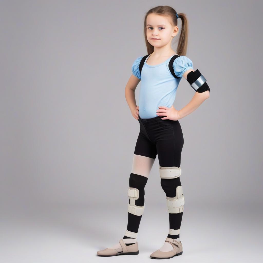  the girl is full length, she has an orthosis on her arm, a patch on her shoulder. on his feet — orthopedic stockings and orthopedic shoes. she looks slightly dissatisfied and uncomfortable. her posture reflects the discomfort of using these items.