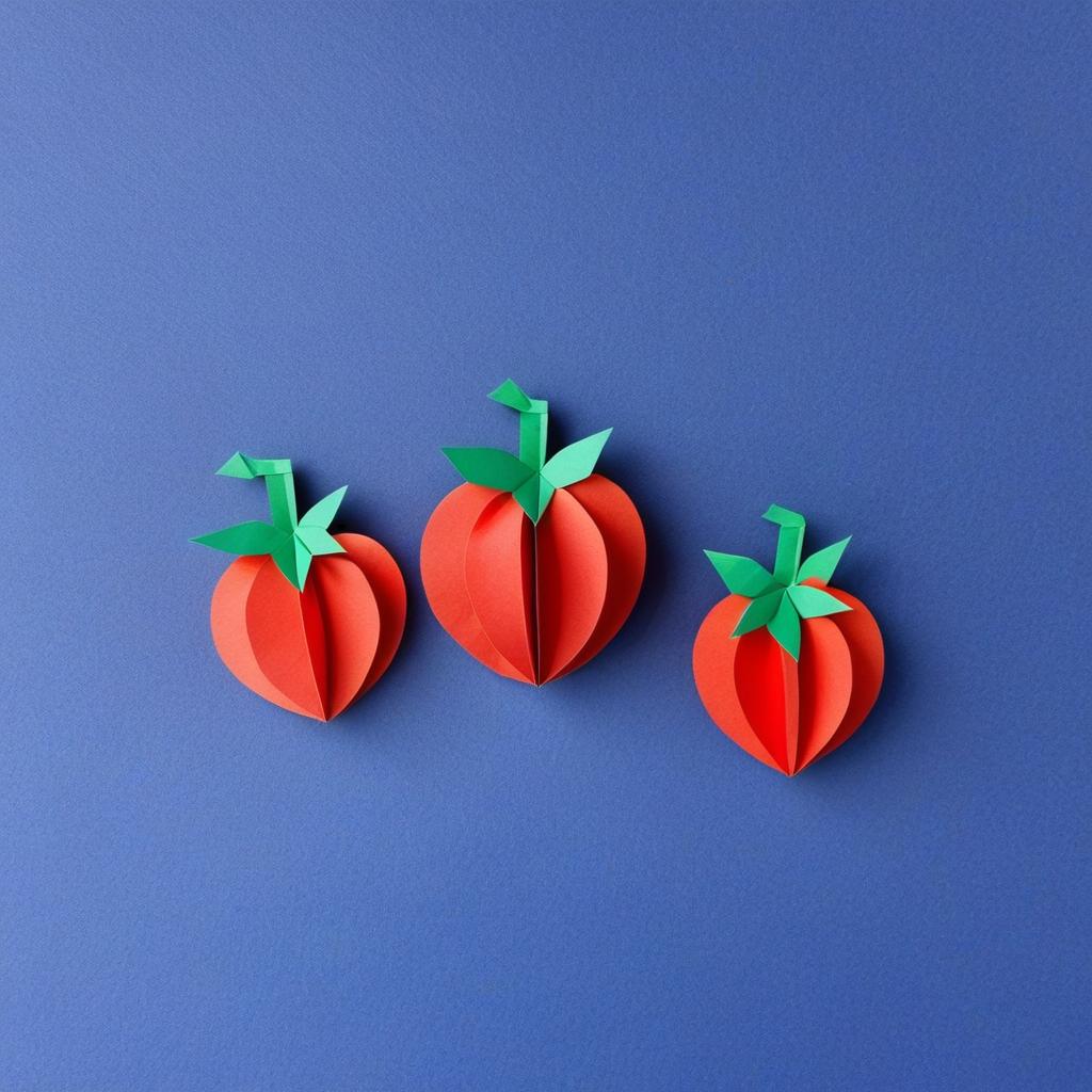  origami style two happy tomatoes. paper art, pleated paper, folded, origami art, pleats, cut and fold, centered composition