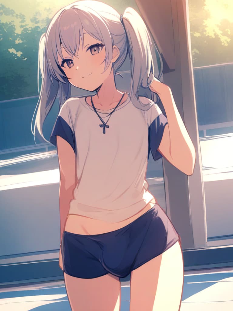  women's elementary students (male), twin tails, cute smiles, (rich s), low stature, dark blue swimwear, old swimwear, , simple (upward), male , (bulge), shaped clear , front , whole body, pool side,