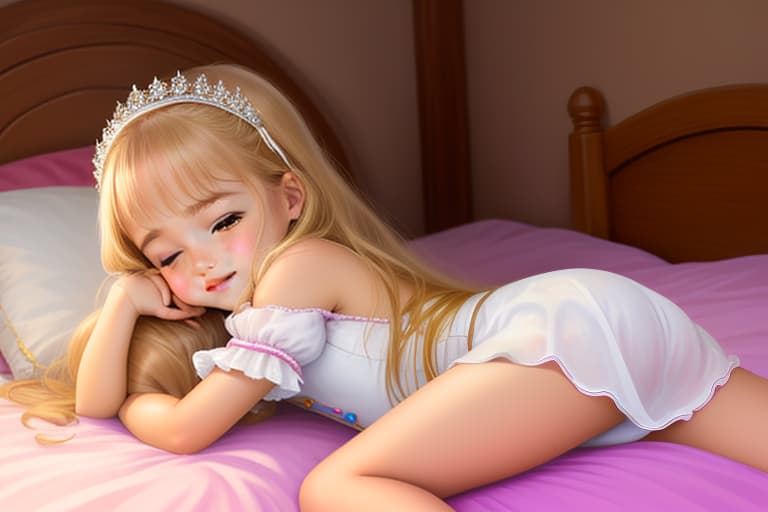   pequeña de s, rubia , tierna y delicada, con el estilo de las princesas de disney. ella es delgada. en su rostro tiene una sonrisa feliz y delicada, , prepuber, sensual, lying on bed, close eyes, muslos abuertos, body, fetal position, s legs, back view