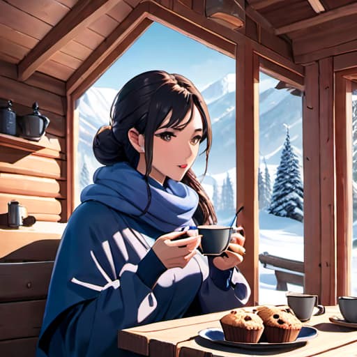  a woman in her 30s drinking a cup of coffee while eating a blueberry muffin in her cozy cabin in the snowy mountains hyperrealistic, full body, detailed clothing, highly detailed, cinematic lighting, stunningly beautiful, intricate, sharp focus, f/1. 8, 85mm, (centered image composition), (professionally color graded), ((bright soft diffused light)), volumetric fog, trending on instagram, trending on tumblr, HDR 4K, 8K