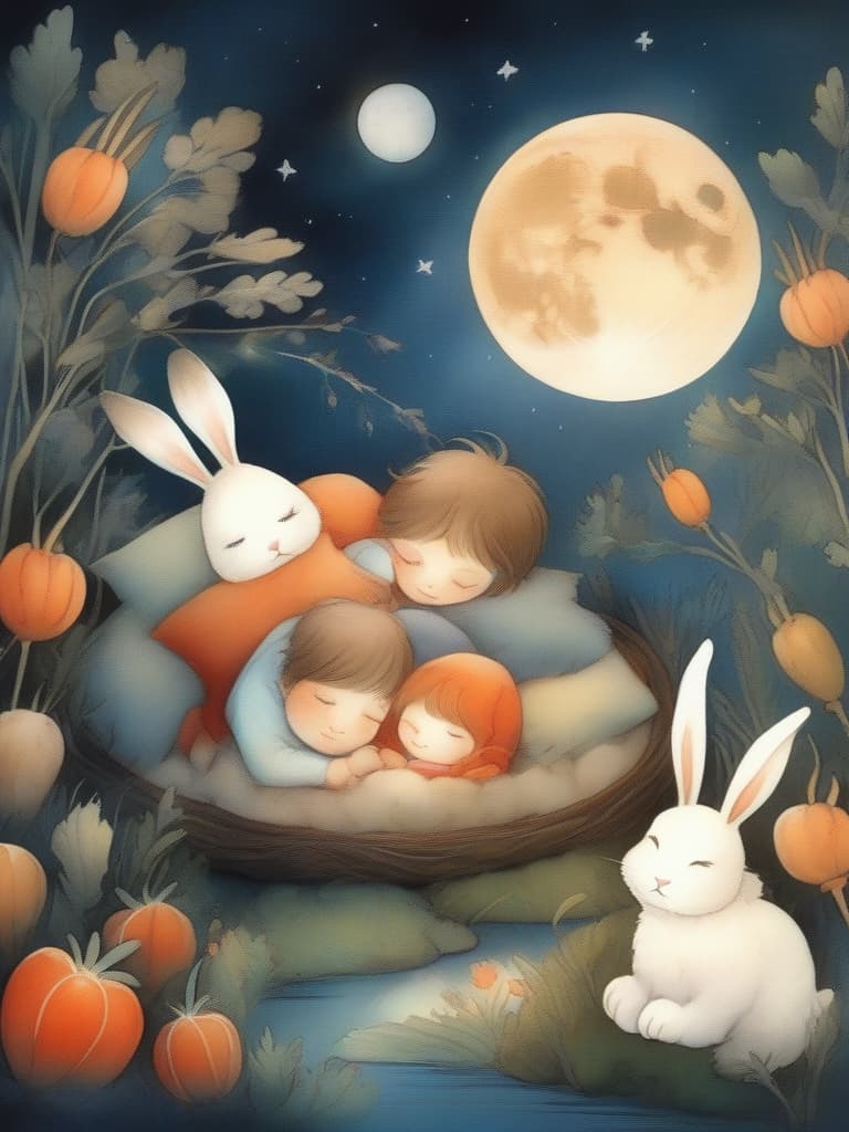  best masterpieces, cute rabbits, sleeping, carrot pillows, easy colors, fairy tale style, full moon,