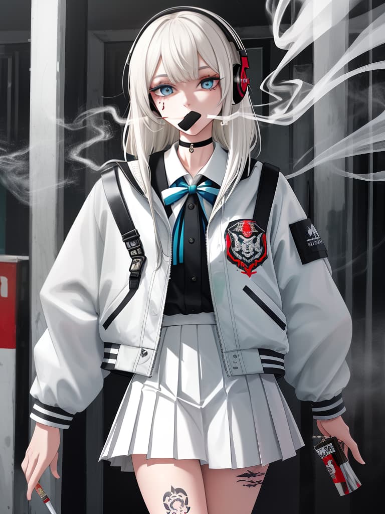  headphones, cigarettes, smoke, mine based makeup, girls who smoke cigarettes, spider nest tattoo on the left arm, souvenir jacket, white sailor suit, white pleated skirt, whole body, green jacket, black loafer, black loafer. bobhair, blue eyes, masterpiece, best quality,8k,ultra detailed,high resolution,an extremely delicate and beautiful,hyper detail