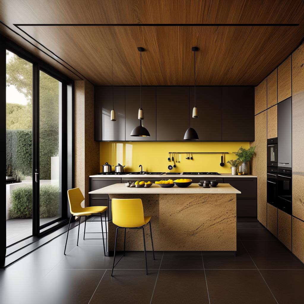  a modern kitchen, dark brown interior, yellow stone floor, best quality, masterpiece