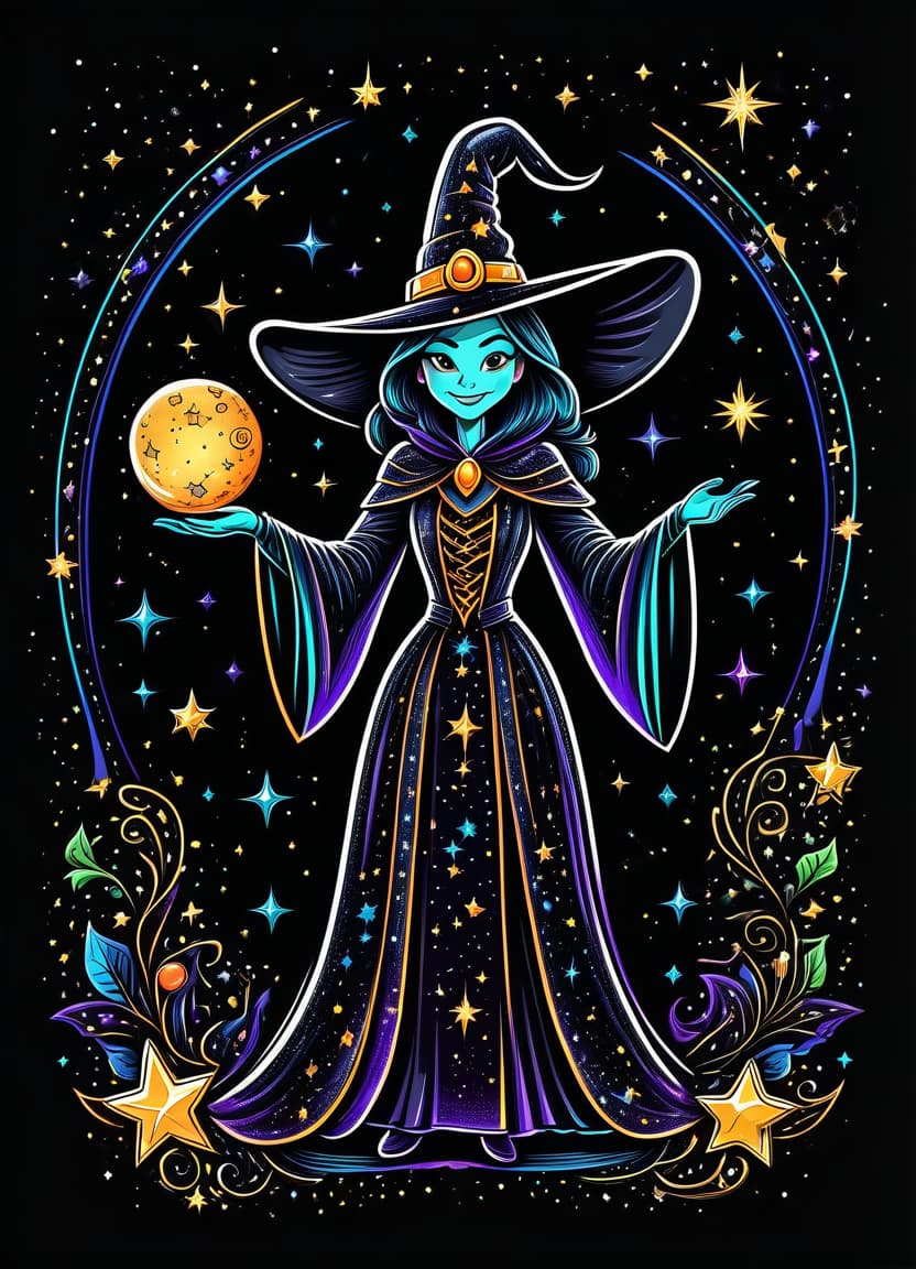  a humorous illustration. bright colors, cartoon style. on the black background, shiny contours outlines of a good witch in a robe with stars, in a pointed hat with stars, black gloves, frame with intricate thin ornamentation from comet, stars and cosmic dust: (thin: 1,4) lines,