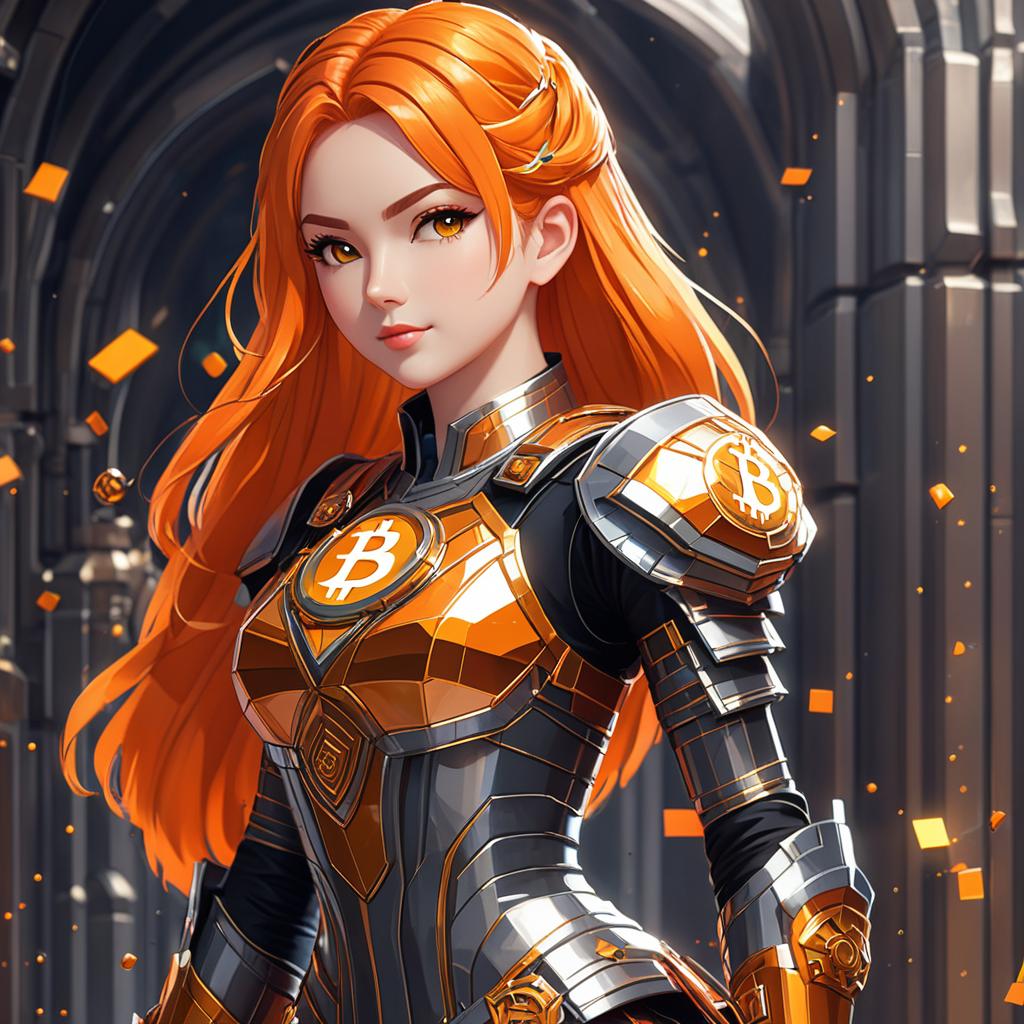  pixel art front view, masterpiece, best quality, photorealistic, raw photo, (1girl, looking at viewer), long orange hair, bitcoin mechanical armor,bitcoin intricate armor, delicate orange filigree, intricate filigree, orange metalic parts, detailed part, dynamic pose, detailed background, dynamic lighting,bitcoin. low res, blocky, pixel art style, 8 bit graphics