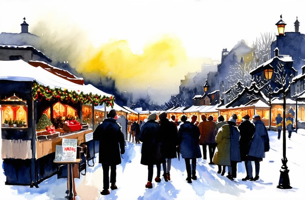  artwork christmas market ar 3:2, watercolor techniques, featuring fluid colors, subtle gradients, transparency associated with watercolor art