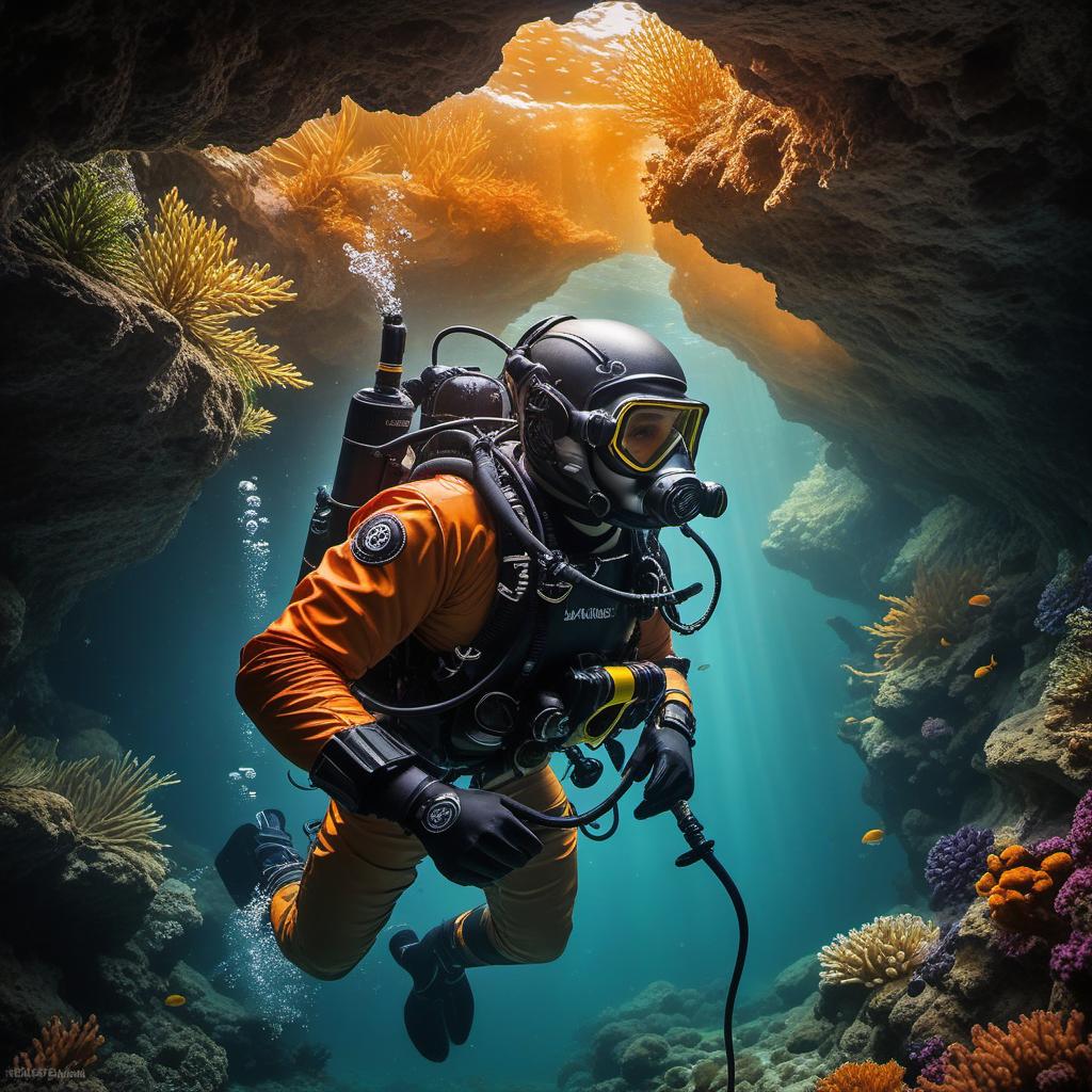  jb name, male, rebreather diver, thick loops, helmet in orange, cave diver, underwater, face view diver, fresh water, shoulder view, jb, mythological style