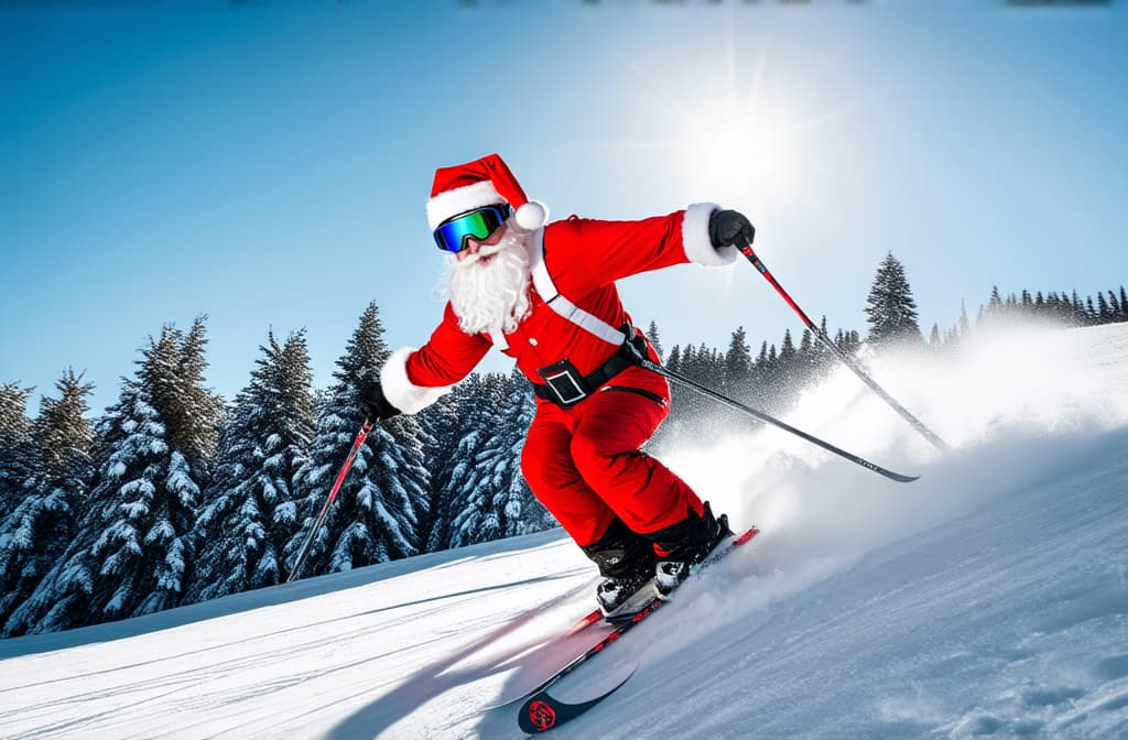  professional detailed photography, santa claus in red overalls with white fur and ski goggles skiing down ski slope in sunlight from behind. close up ar 3:2, (muted colors, dim colors, soothing tones), (vsco:0.3)