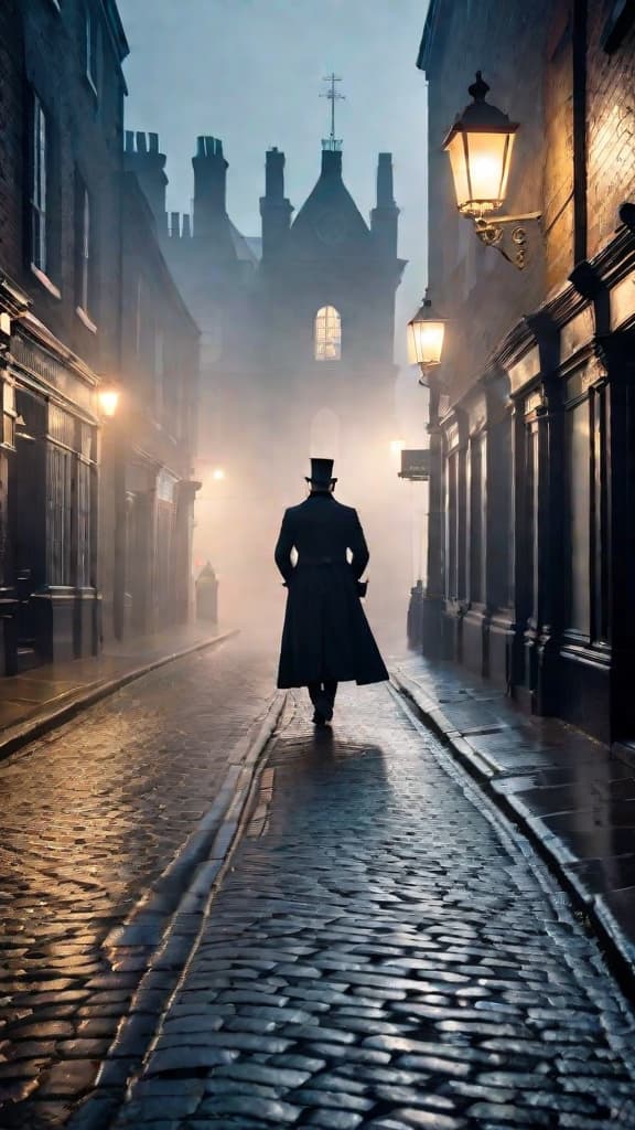  foggy victorian london streets, shadowy figure of jack the ripper dissipating into the mist, haunted atmosphere hyperrealistic, full body, detailed clothing, highly detailed, cinematic lighting, stunningly beautiful, intricate, sharp focus, f/1. 8, 85mm, (centered image composition), (professionally color graded), ((bright soft diffused light)), volumetric fog, trending on instagram, trending on tumblr, HDR 4K, 8K