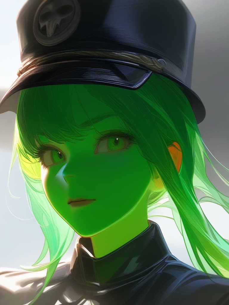  portrait view of a anime women,full white militar uniform hat,half face,joker mask,women face,photorealistic anime style,giger style,pop art tendencies,strong facial expression,(((green hair))),professional illustration,bold colors,chiaroscuro,beautiful shades,intense close ups,bright and glossy surface textures,octane render,zbrush ar 1:1 s 750